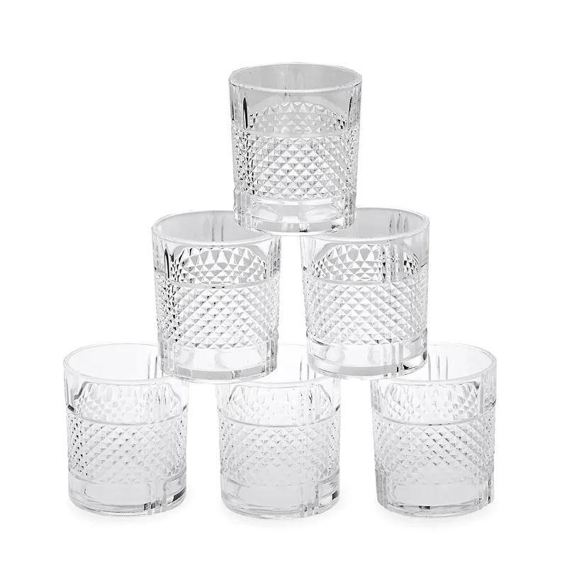 Set of six clear whiskey glasses with geometric textured sides
