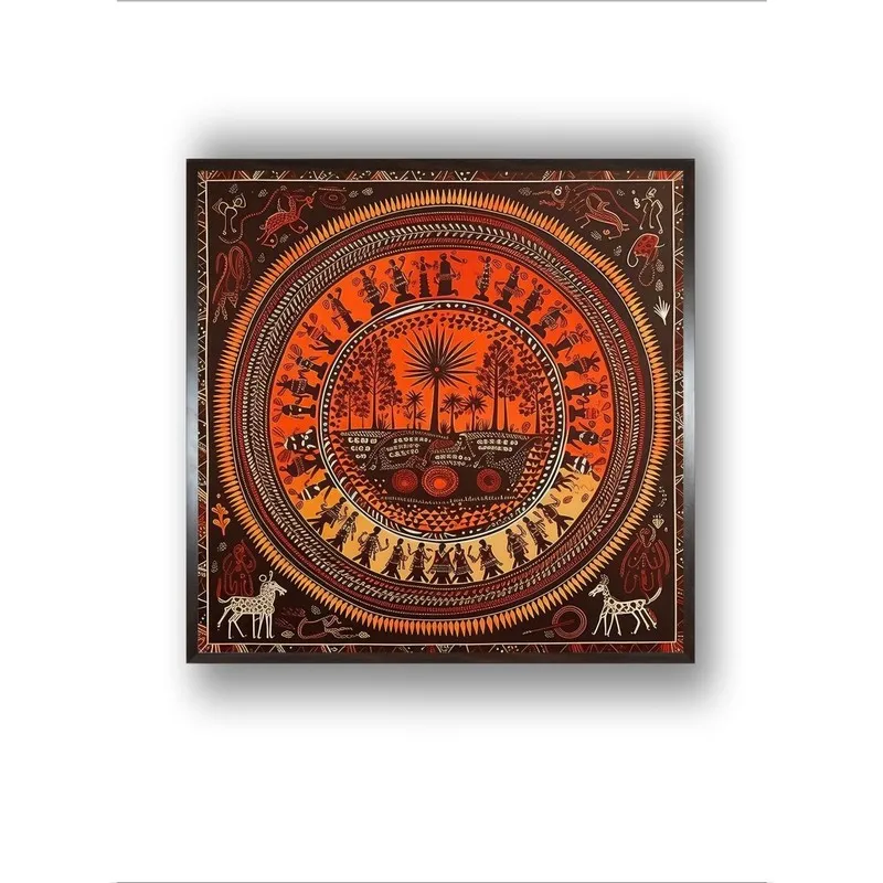 Front view of square framed tribal folk art canvas painting