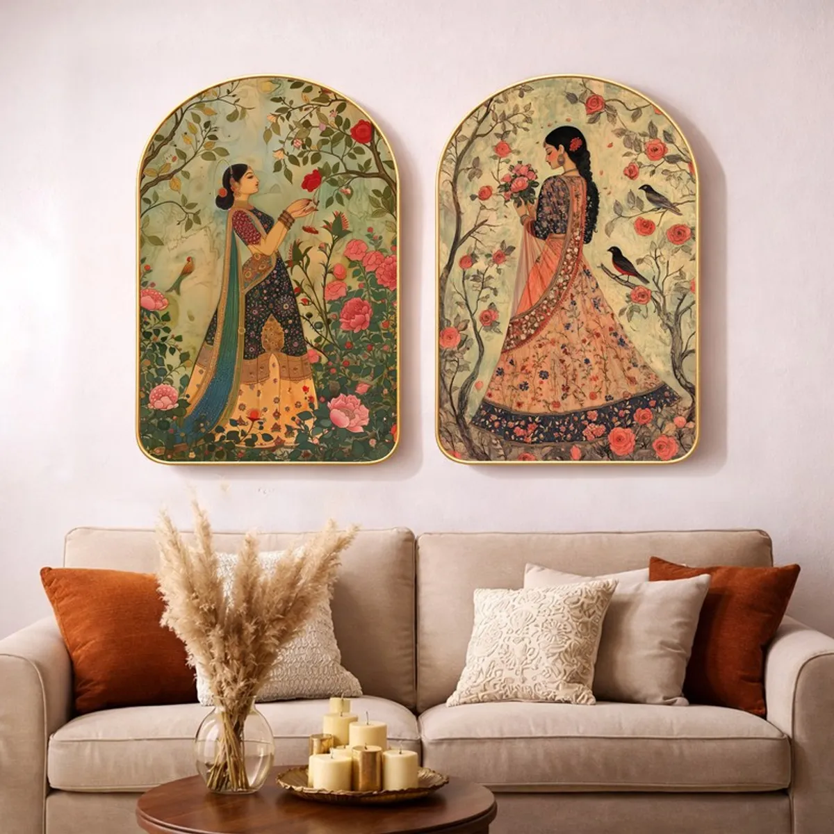 Two arched miniature-style wall art pieces displayed above a sofa