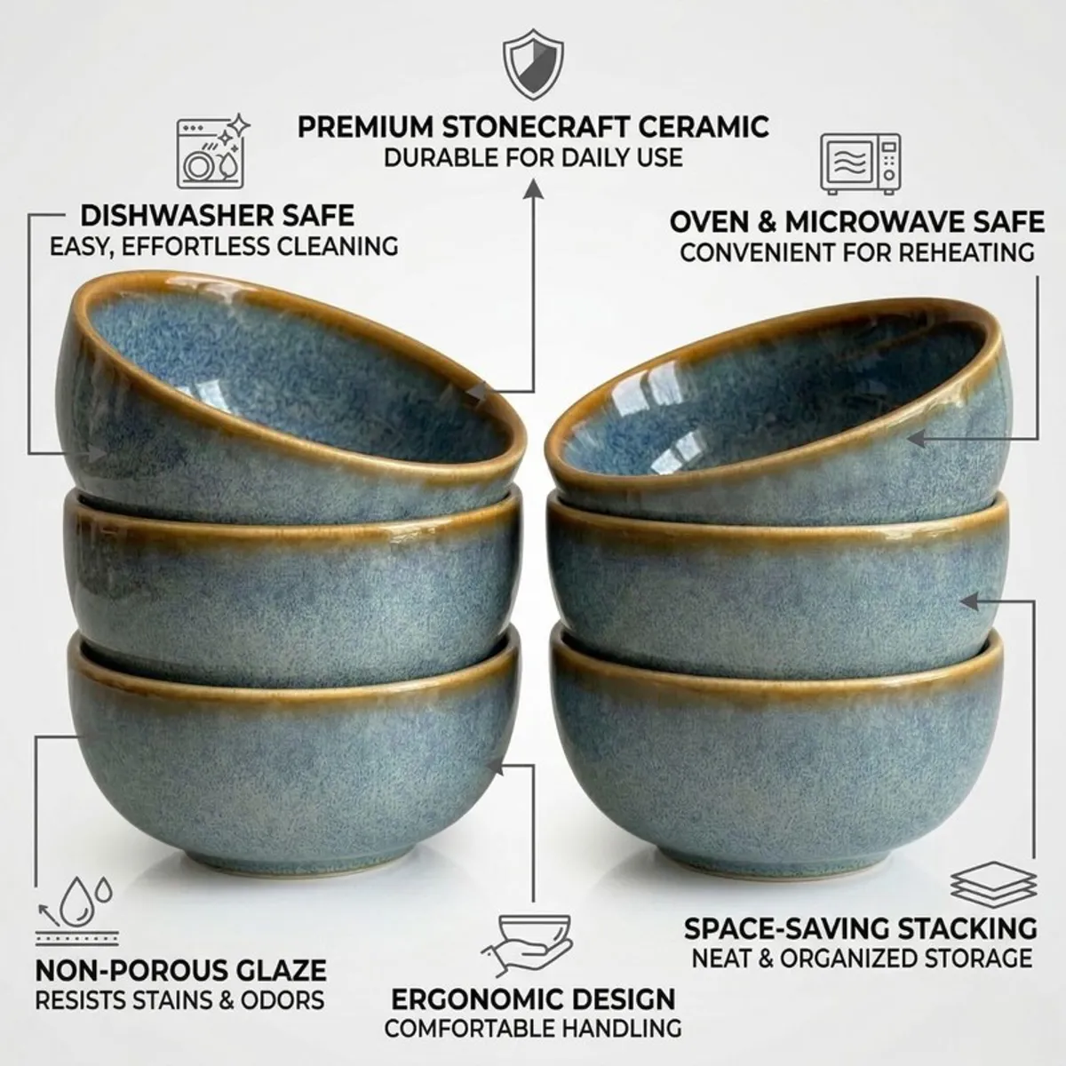 Six blue-grey ceramic bowls shown stacked with feature callouts