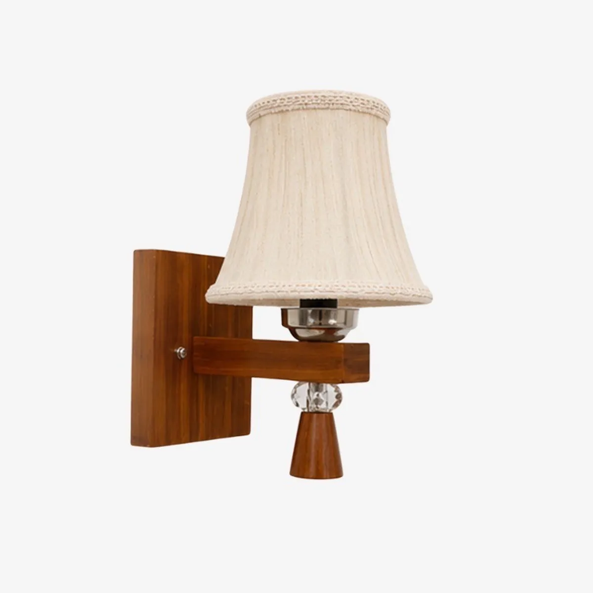 Side view of a white pleated wall lamp with a brown wooden wall mount