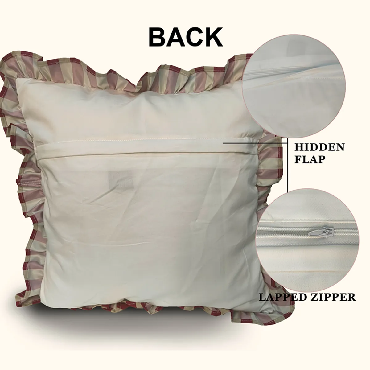 Back view of a cushion cover showing a concealed flap and zip closure.