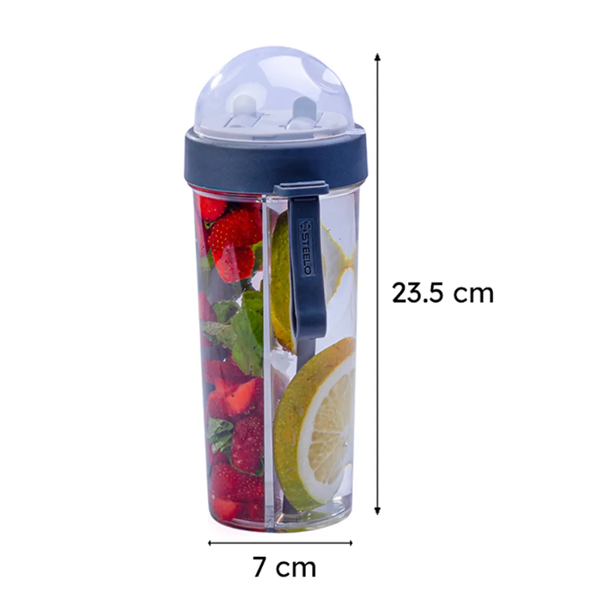 Front view of dual-compartment bottle with dimensions marked