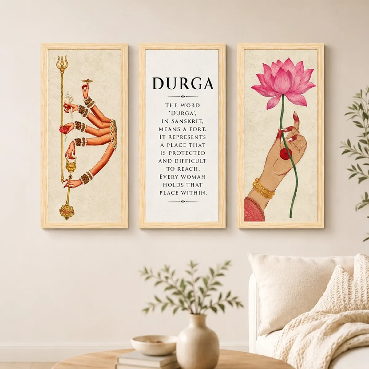 Three rectangular framed Durga-inspired artworks arranged on a bedroom wall