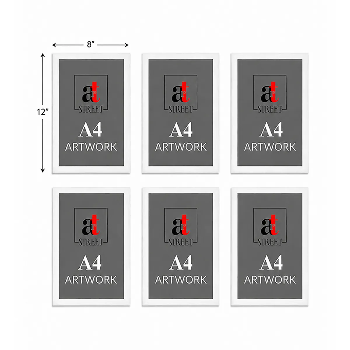 Six white rectangular wall art frames arranged in two rows on a plain white background.