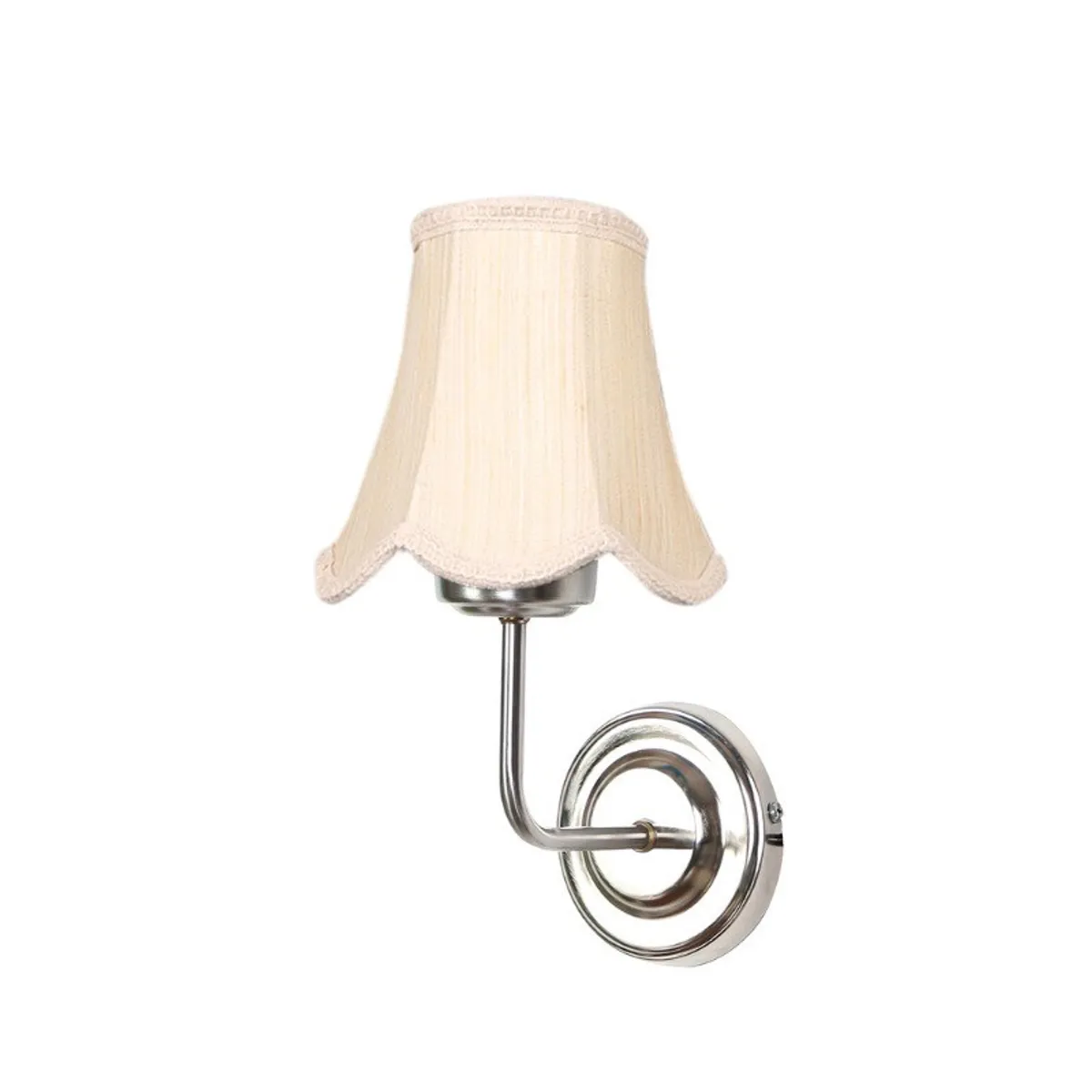 Wall-mounted white cotton lamp with a curved steel arm on a white background