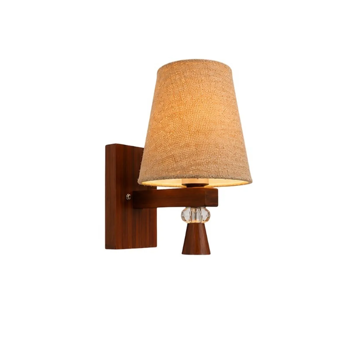 Single brown wood wall lamp with a natural jute shade on a white background.