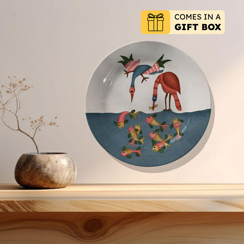 Fishing Cranes Gond Art Wall Plate - Medium