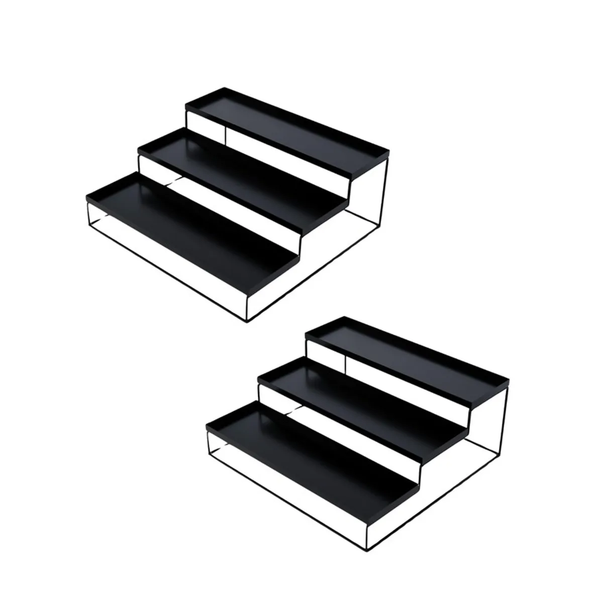 Set of two black three-tier metal organisers on a white background.