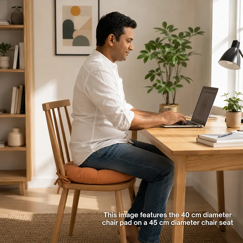 Brown round chair pad placed on a wooden chair at a desk