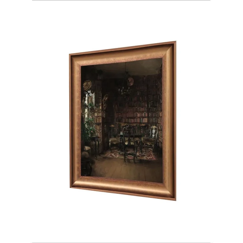 Angled view of a rectangular framed canvas painting with a vintage room scene