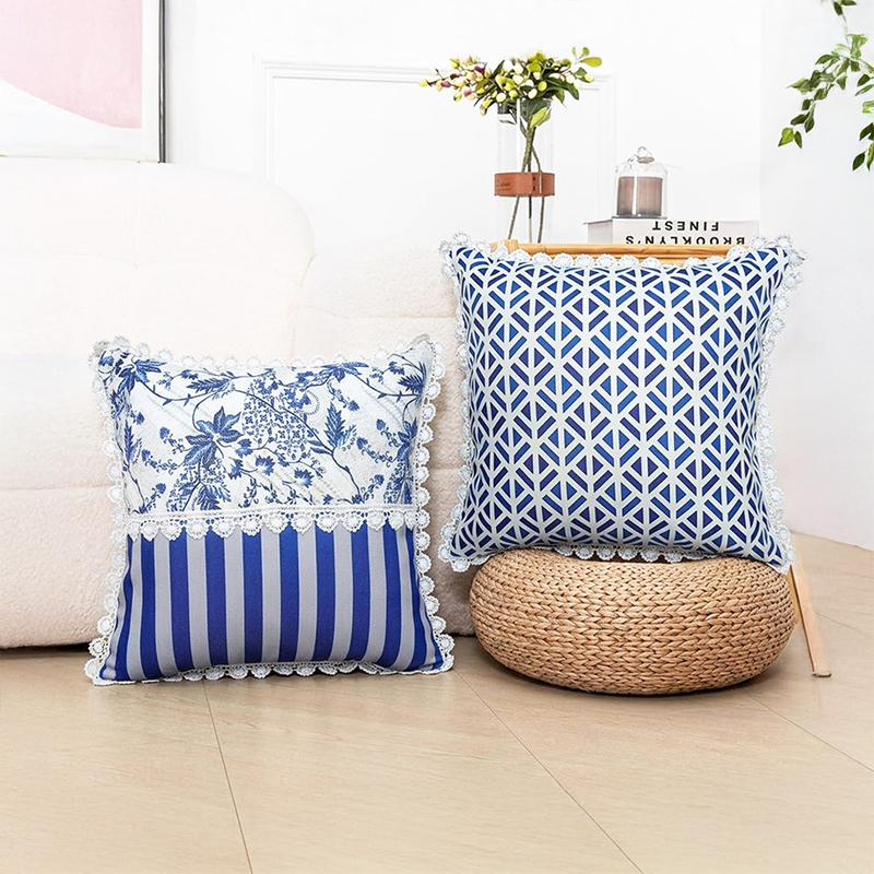 Striped Block Printed Cushion Covers - Set of Two - 16 x 16 Inches