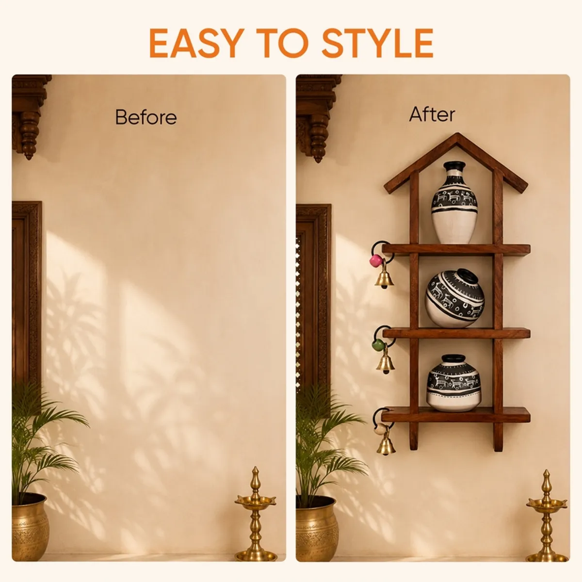 Before-and-after view showing the house-shaped wall shelf styled on a blank wall