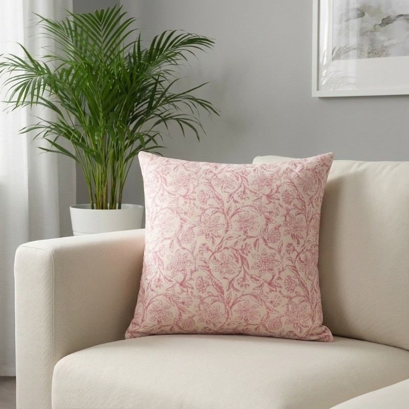 Flora Glow Printed Cotton Cushion Cover - White,Pink