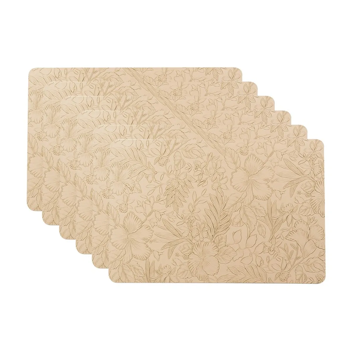 Set of six beige rectangular table mats with floral pattern