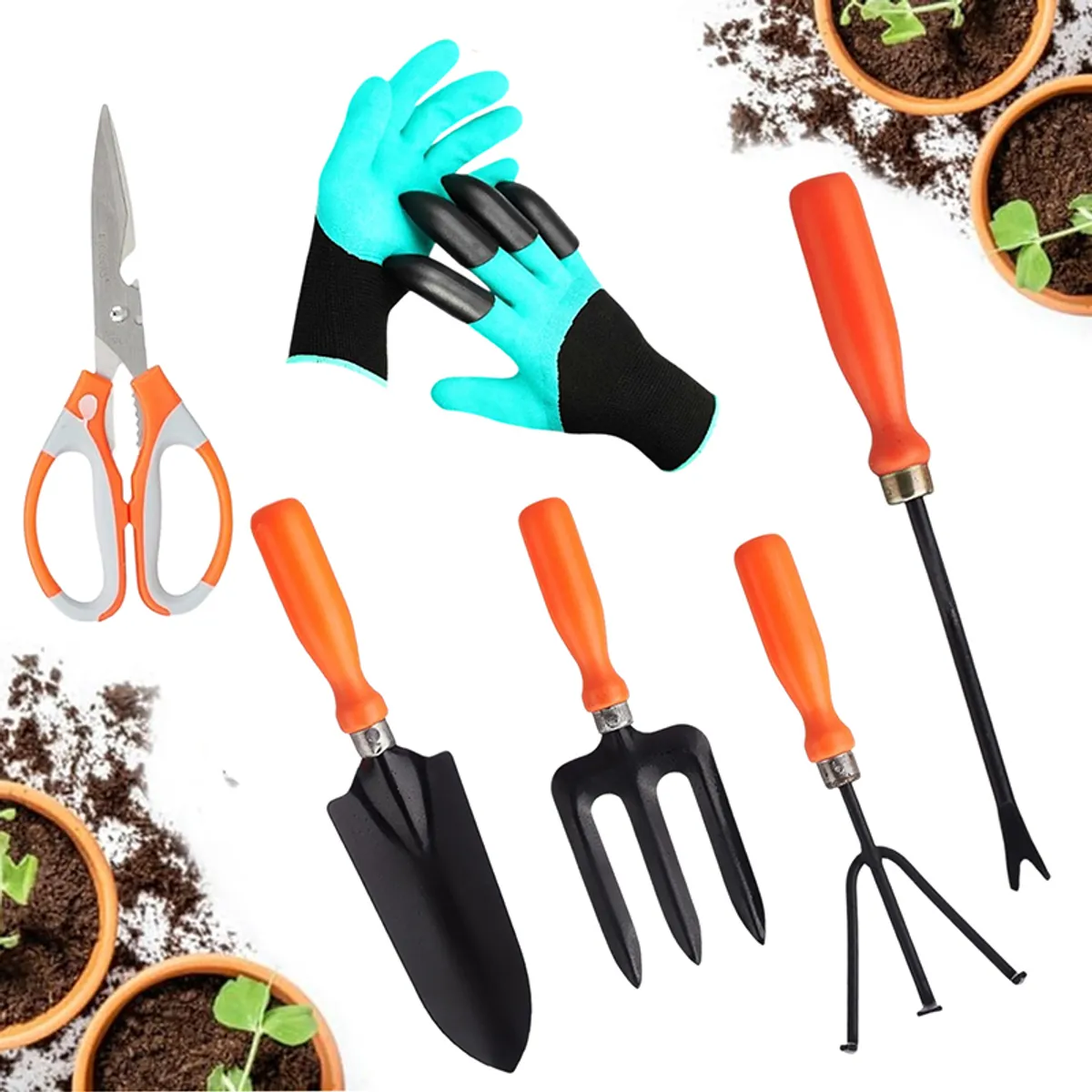 Garden tool set with gloves, scissors and four orange-handled tools on a white background