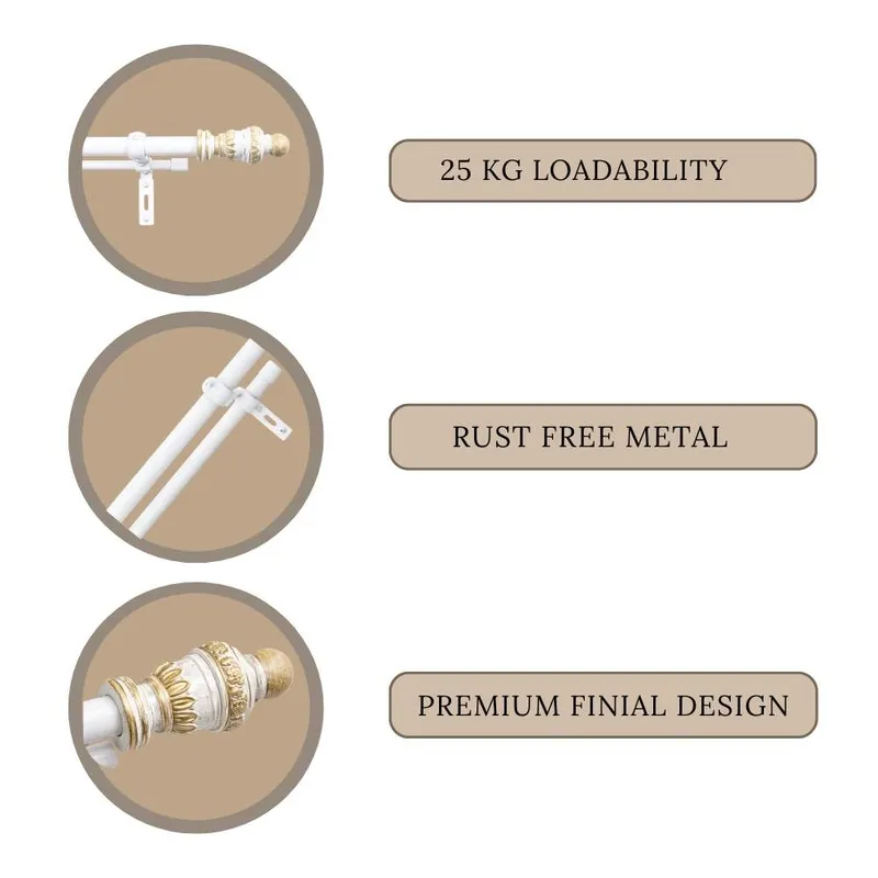 Feature graphic of white double curtain rod with ornate finial