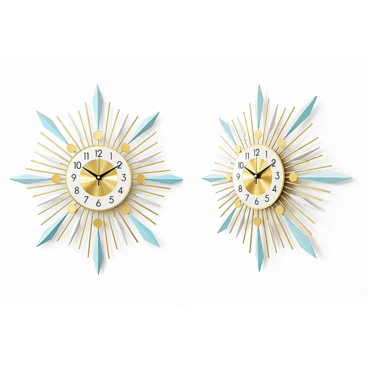 Two gold, white and blue wall clocks shown side by side on a wall