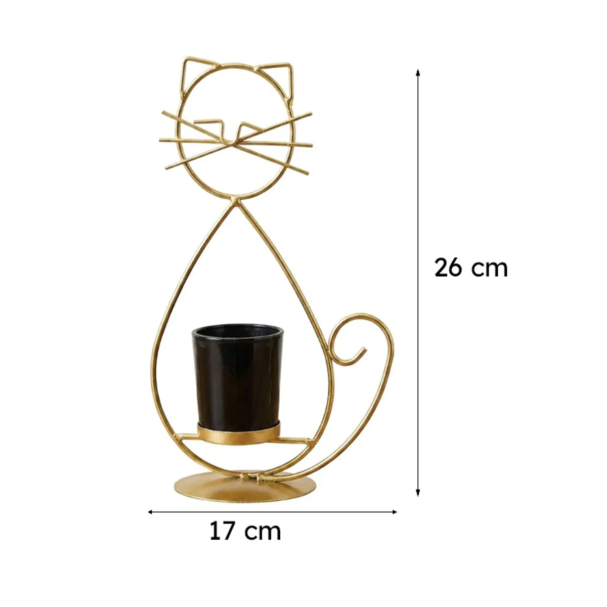 Front view of gold cat-shaped metal planter with black pot on white background