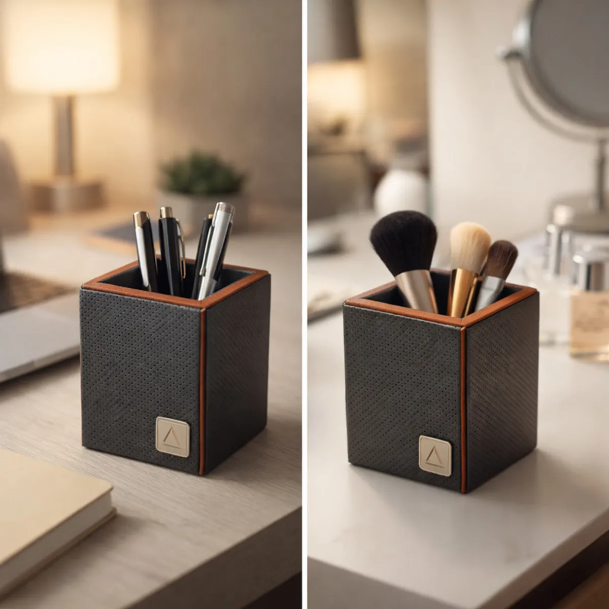 Grey and brown pen stand shown with pens and makeup brushes in two settings