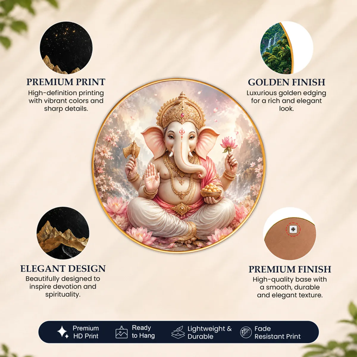 Round Ganesha wall art with close-up detail and back view