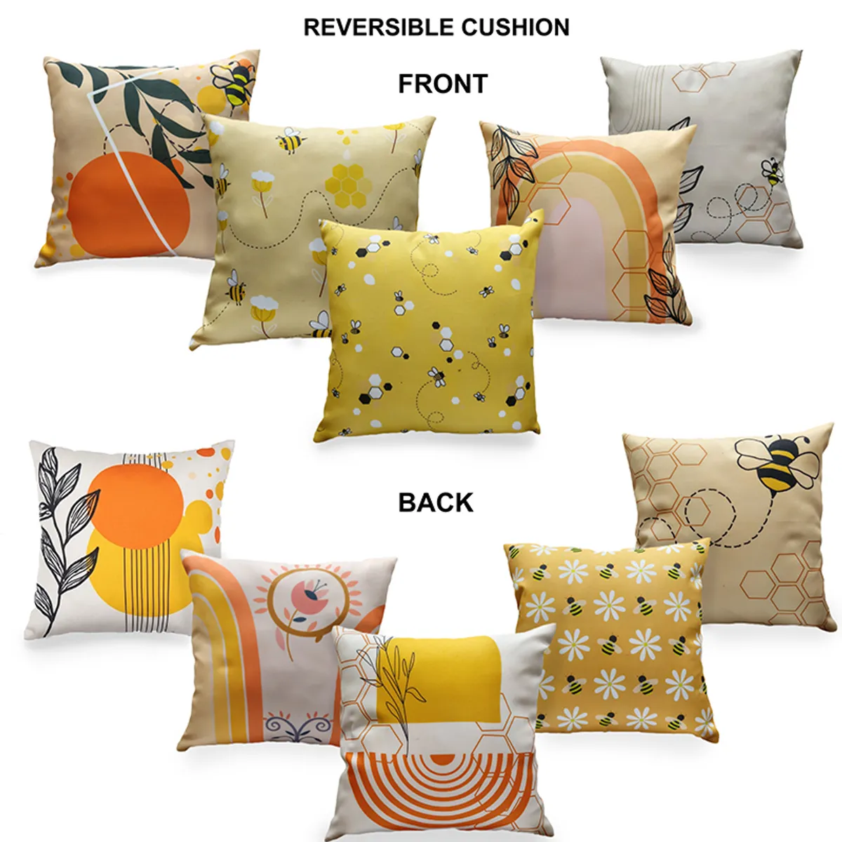Five reversible cushion covers displayed with front and back printed designs