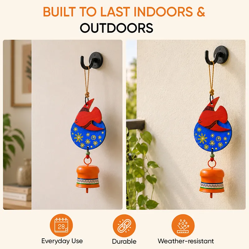 Two views of the fish windchime displayed indoors and outdoors
