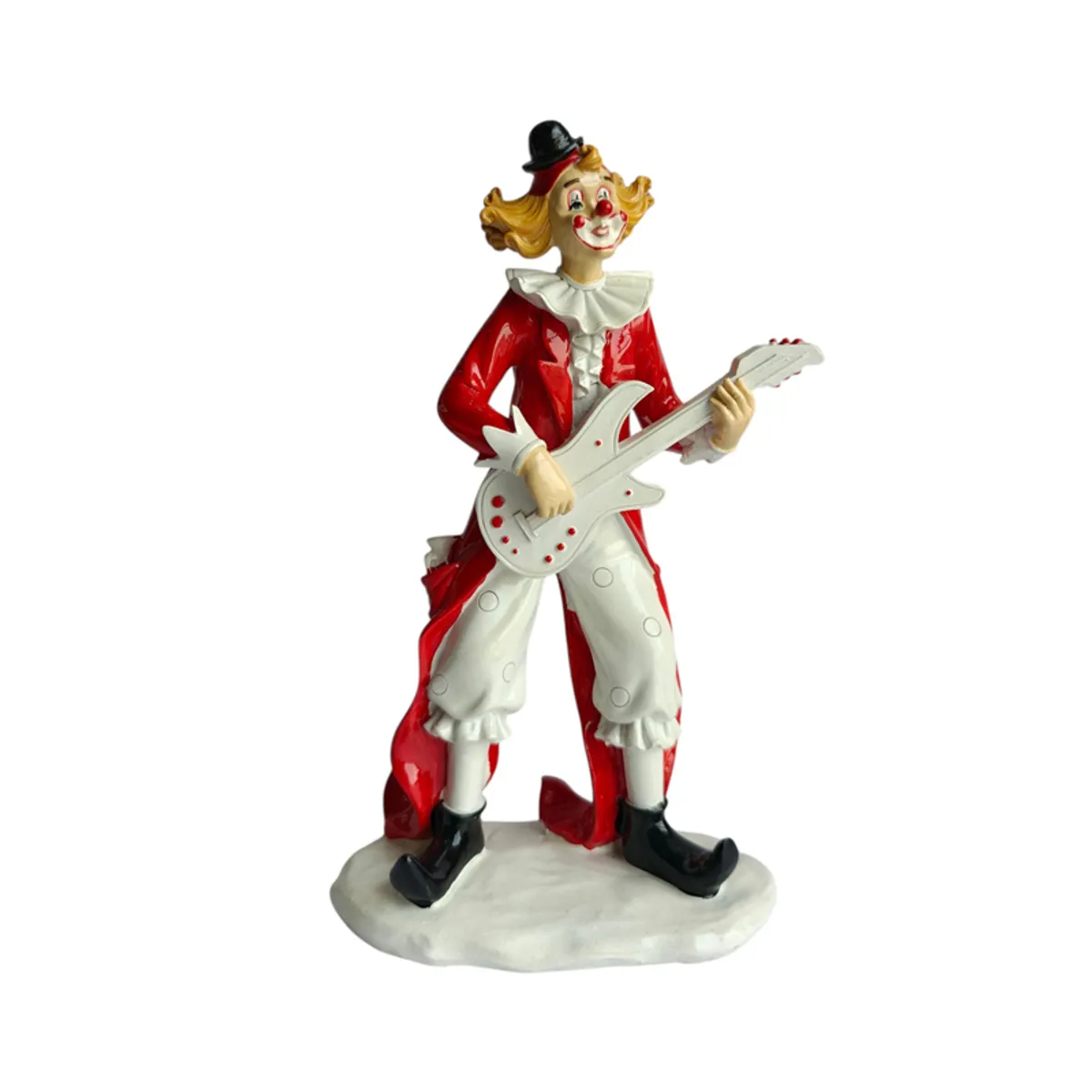 Front view of a colourful clown figurine holding a banjo