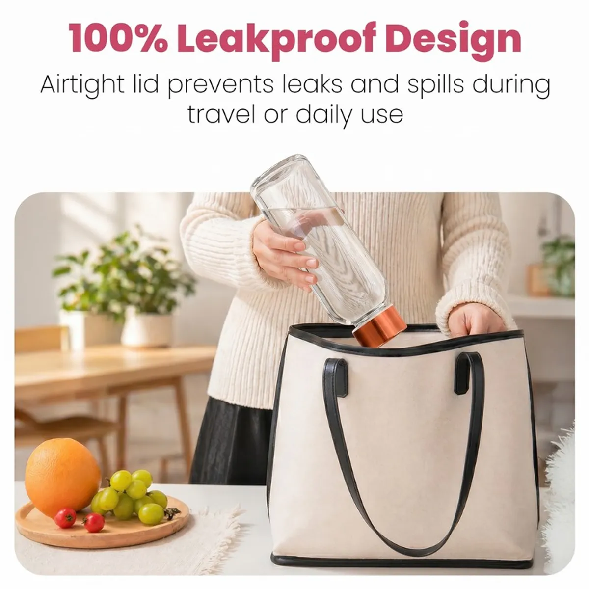 Clear glass bottle with gold-toned lid held above an open tote bag
