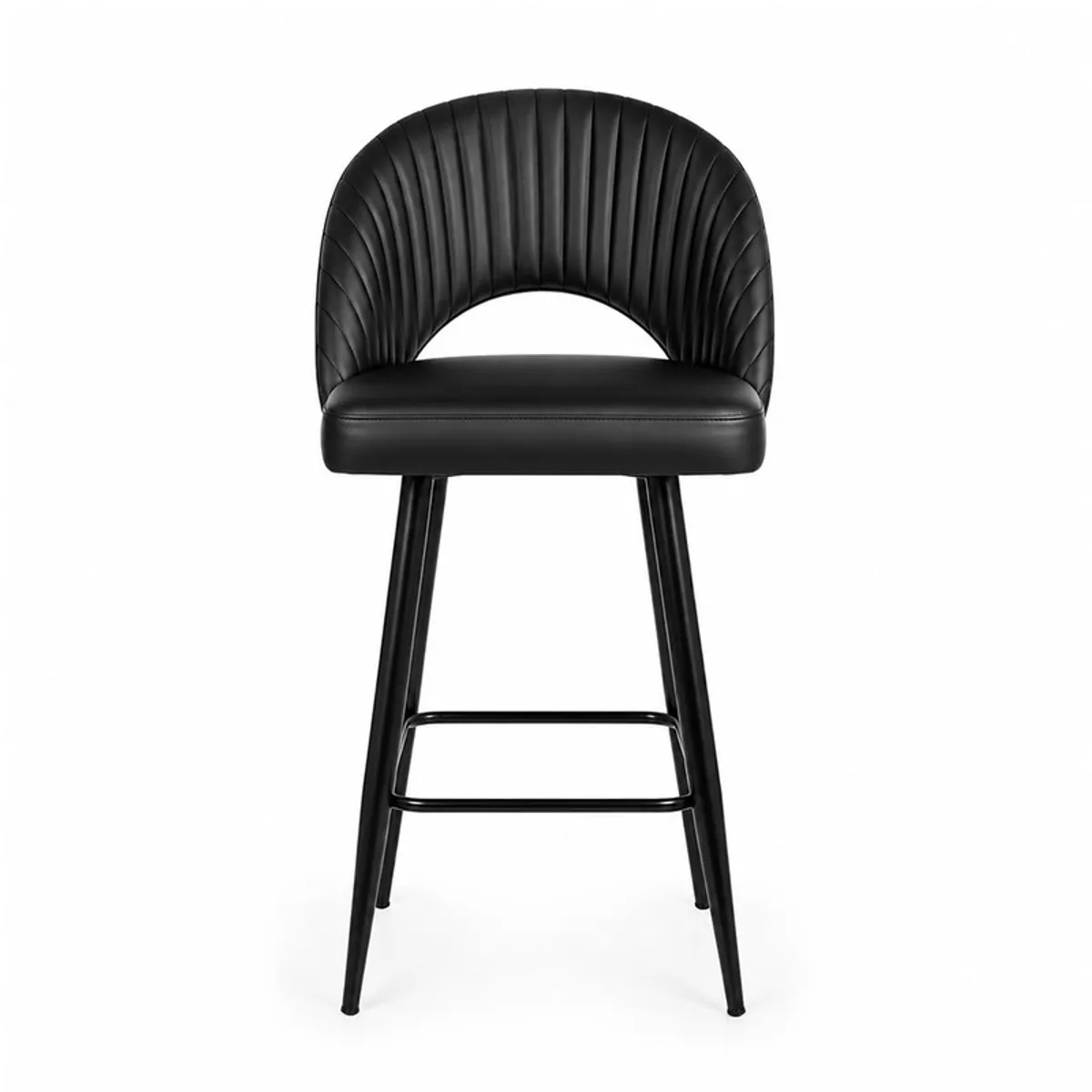 Front view of a black bar chair with curved ribbed back