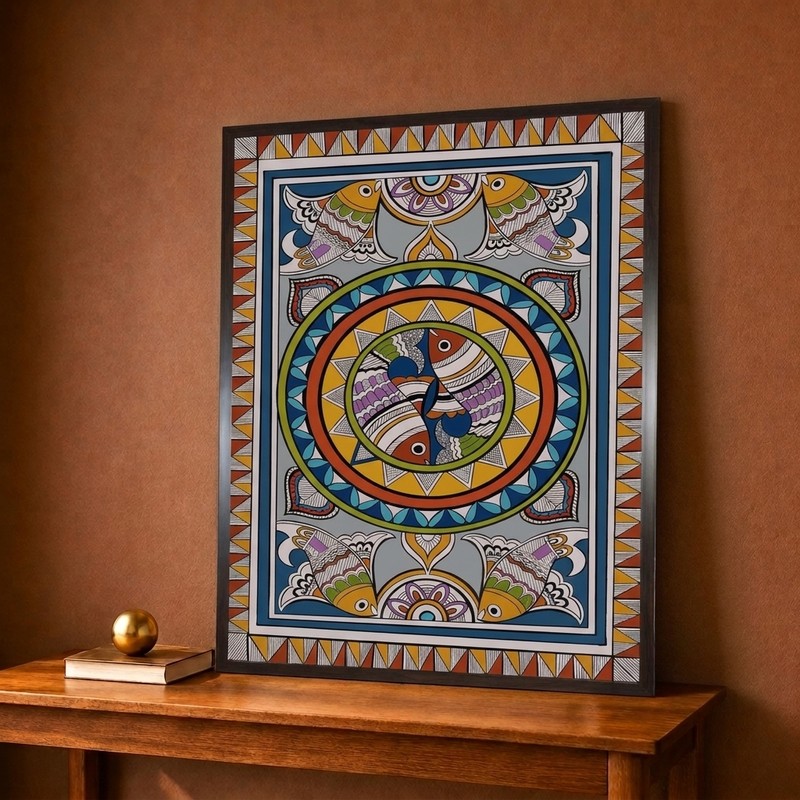 Madhubani Fish Mandala Canvas Wall Painting