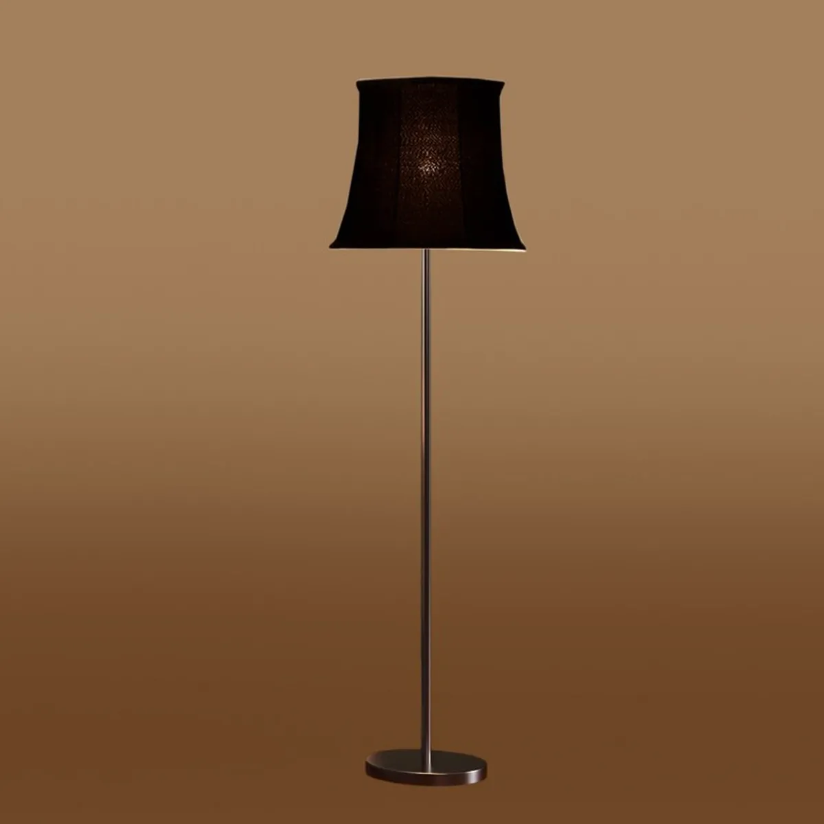 Black floor lamp with lit shade against a warm brown gradient background