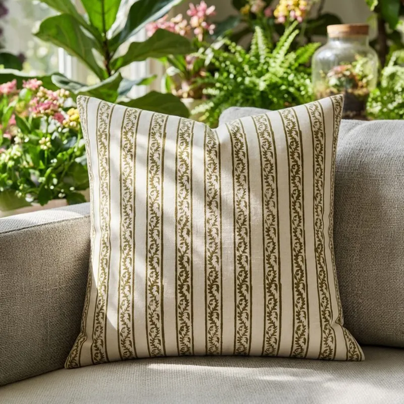 White and brown floral striped cushion cover on a sofa near indoor plants