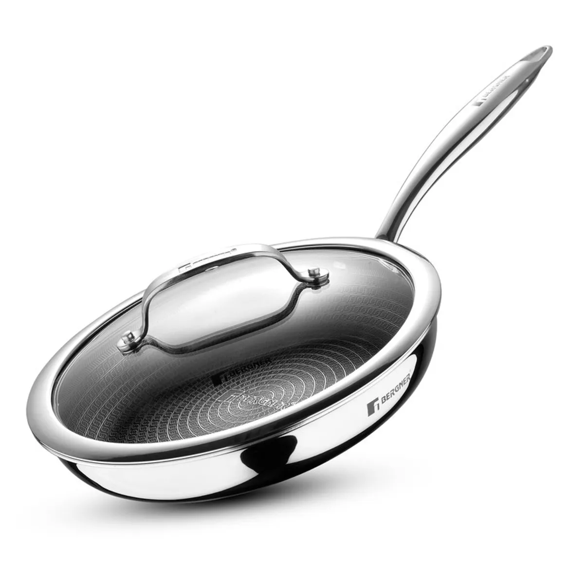 Silver frying pan with a patterned non-stick interior and long handle