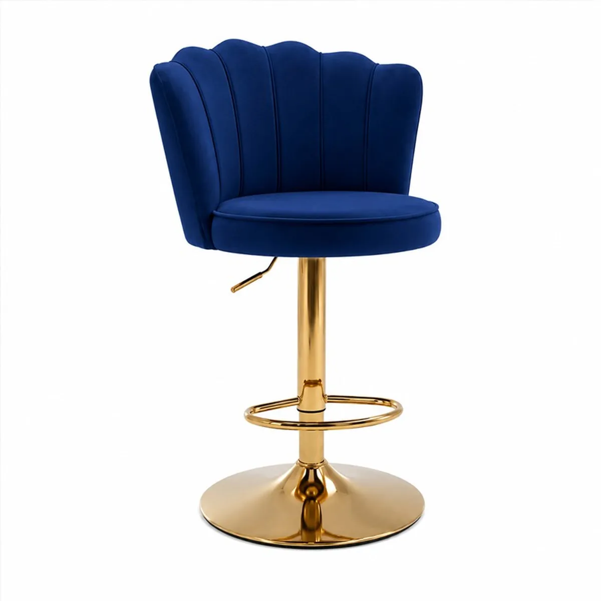 Angled view of blue velvet bar chair with gold-toned metal base