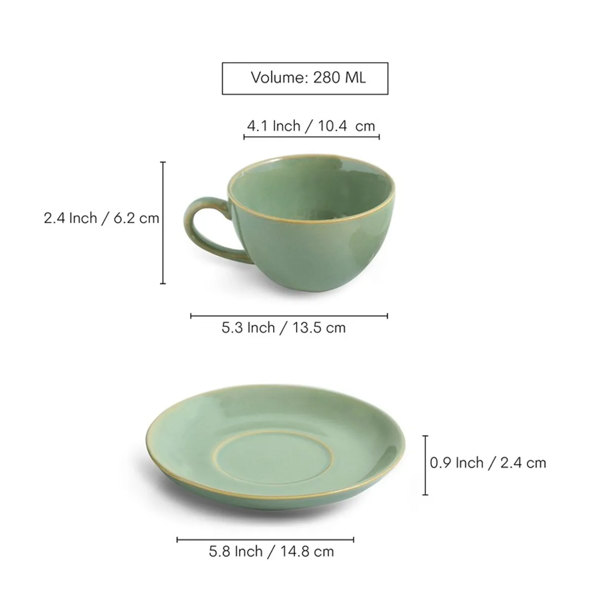 Dimension graphic showing the 280 mL cup and matching saucer