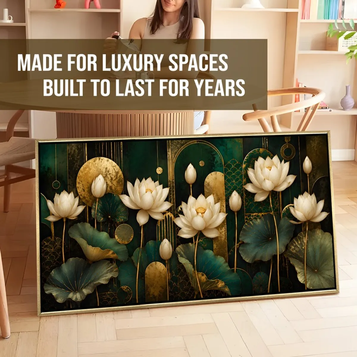 Large framed lotus canvas wall painting leaning in a bright interior setting