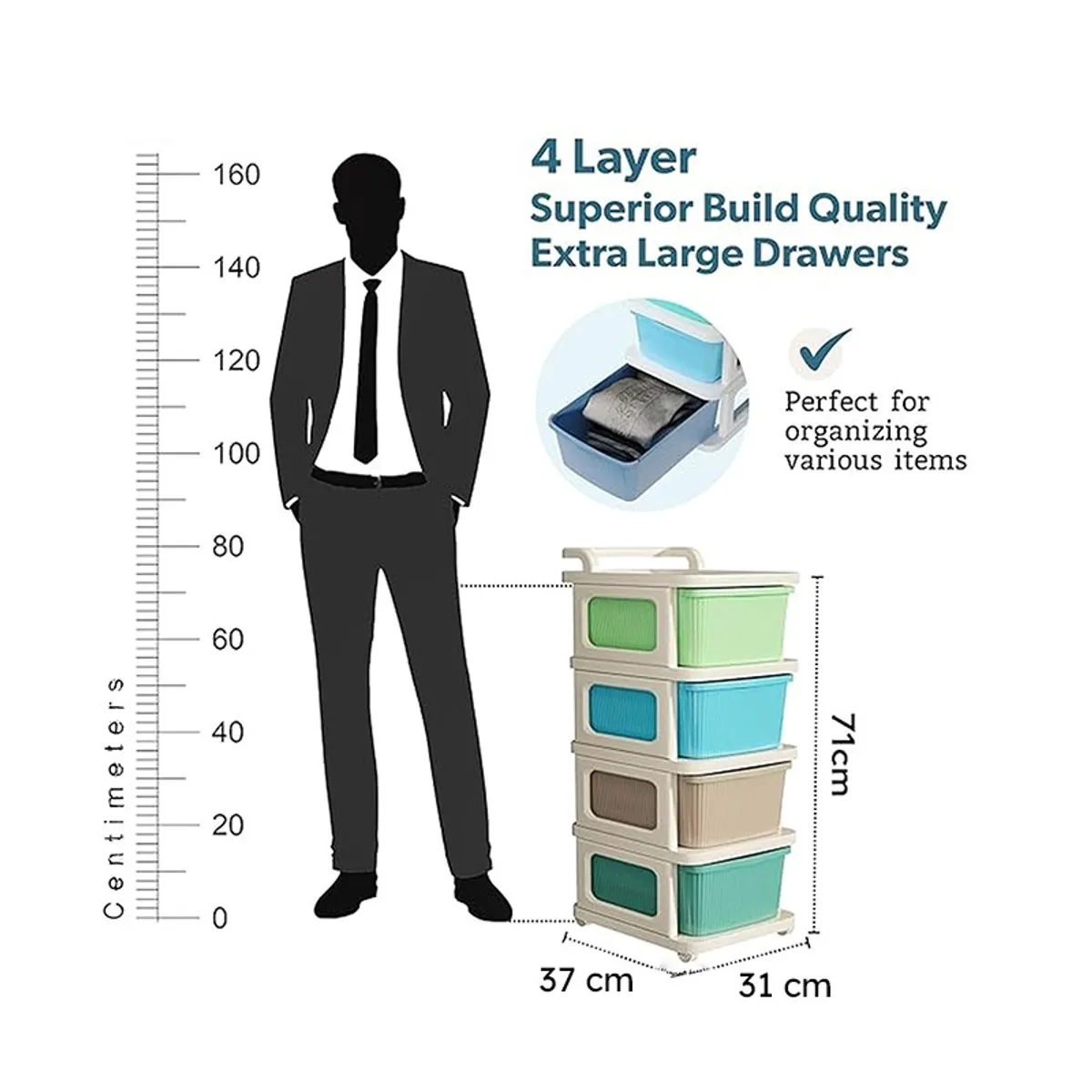 Four-layer storage rack shown with large drawers and its dimensions