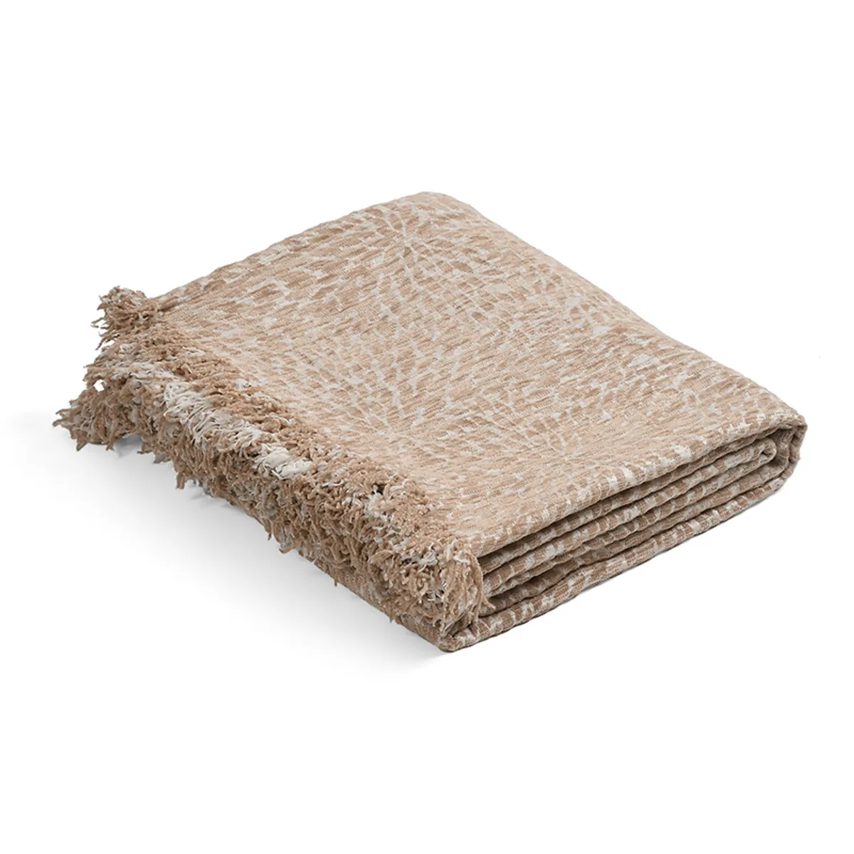 Folded beige throw with cream pattern and fringed trim