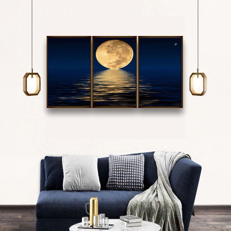 Golden Moonrise Canvas Wall Painting - Set of Three