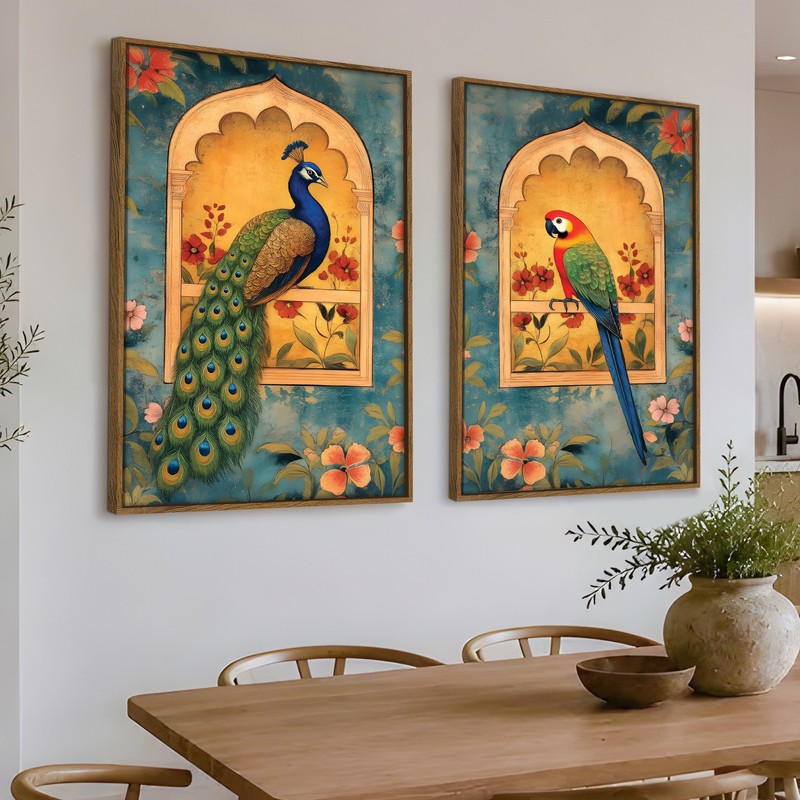 Mughal Aviary Canvas Wall Paintings - Set of Two