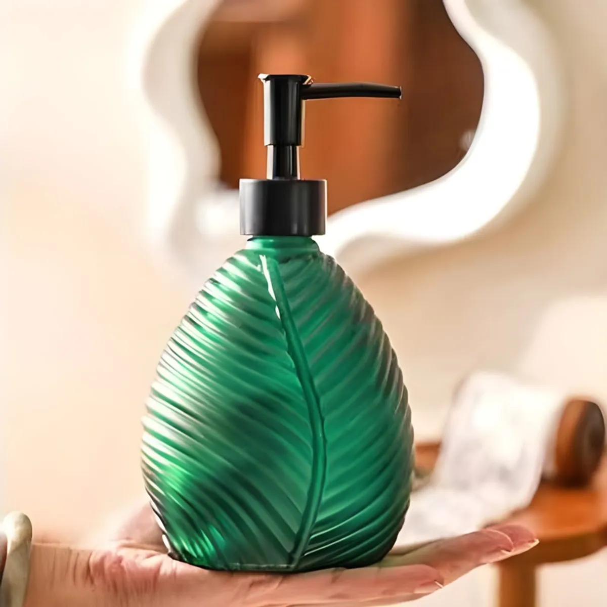 Close-up of glossy green leaf-shaped soap dispenser with black pump