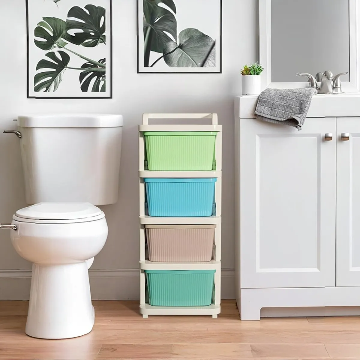 Four-tier colourful storage rack placed beside a bathroom vanity