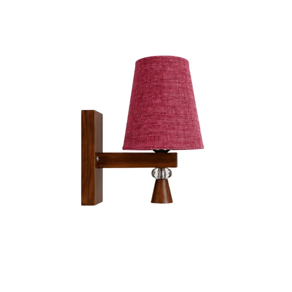 Angled view of a single pink jute wall lamp with a wooden base