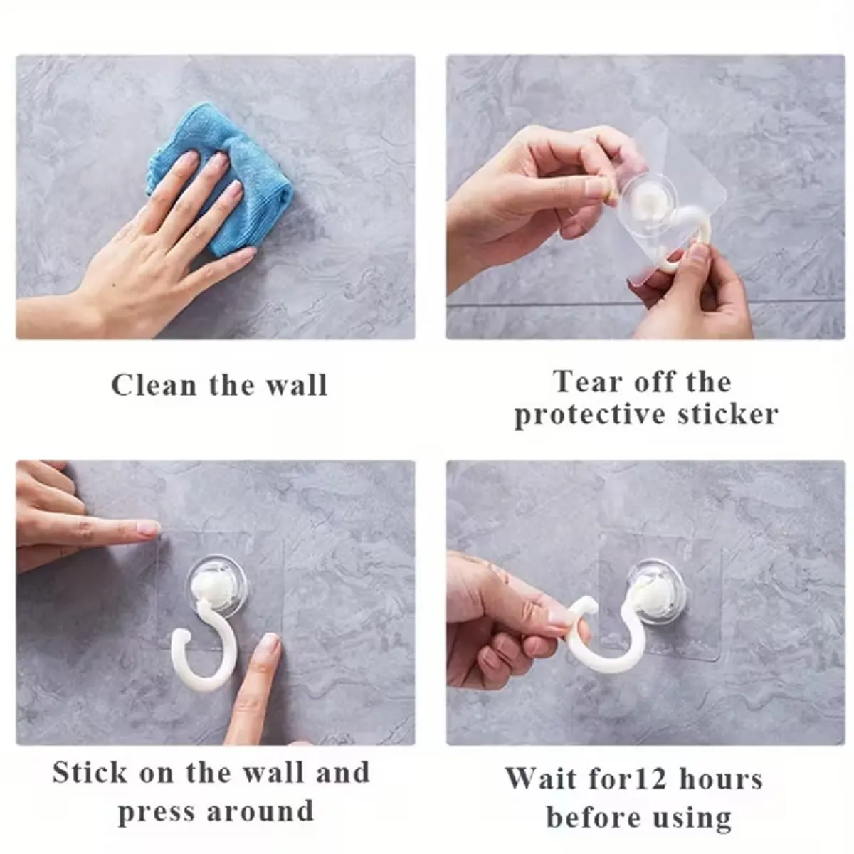 White wall hook shown with cleaning and wall-mounting steps