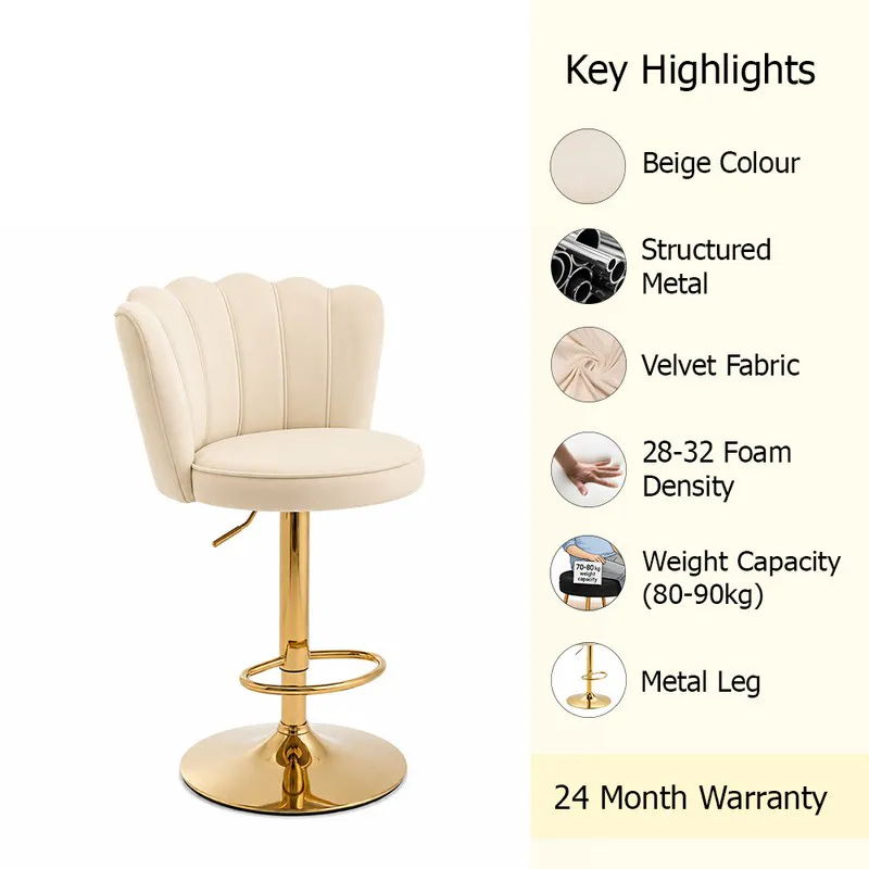 Beige velvet bar chair with gold-tone base shown beside a highlights panel