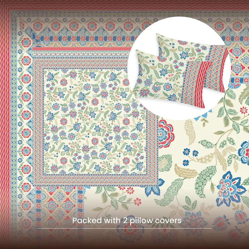 Flat lay of floral bedsheet with bordered pattern and two matching pillow covers