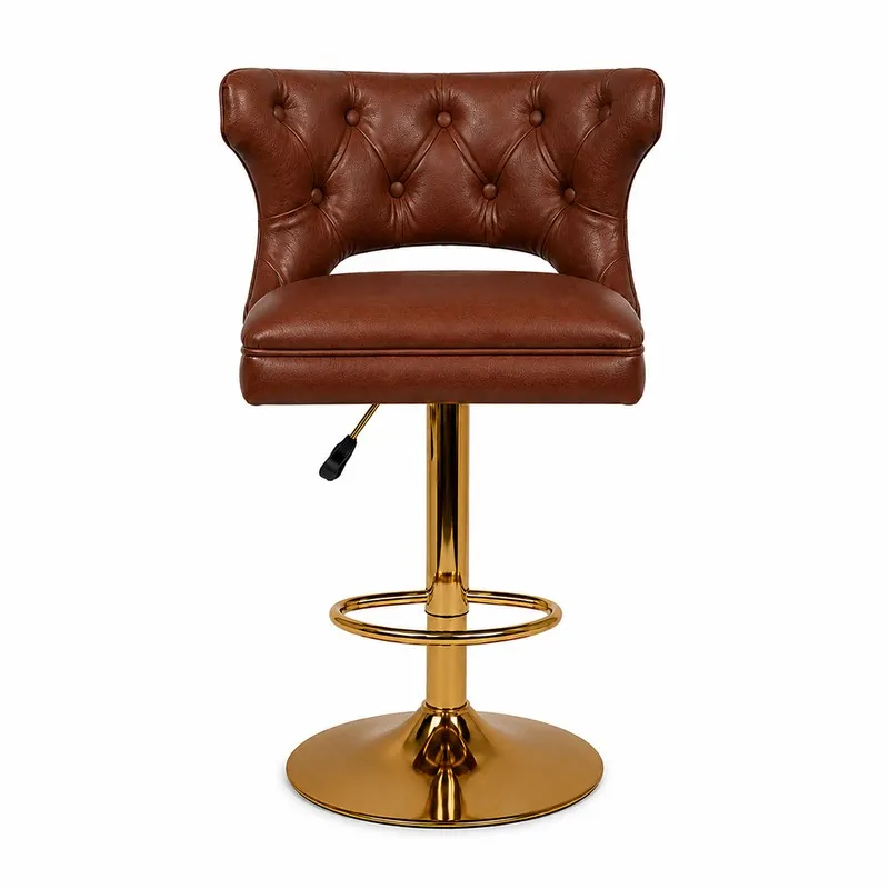 Front view of a maroon tufted swivel bar stool with a polished gold base.