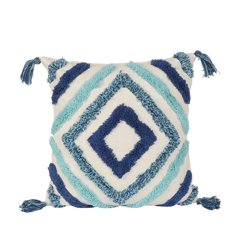 Front view of a blue and turquoise geometric tufted cushion cover with tassels
