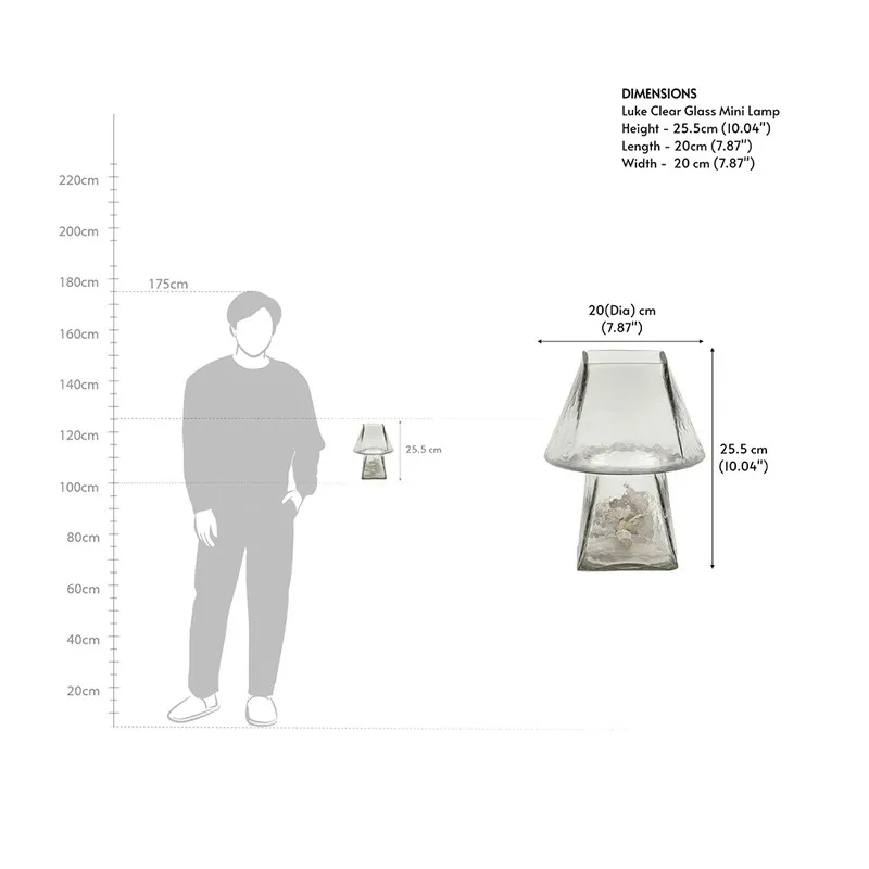 Clear glass table lamp with illustrated size reference graphic